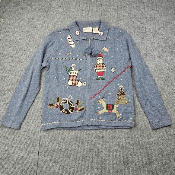 Basic Editions Holiday Sweater Womens Medium Zip Cardigan Christmas Wool Novelty - Picture 1 of 7